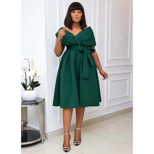 Elegant dark green V-neck A-line cocktail dress with a matching waist bow belt
