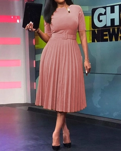 Pink short-sleeve pleated dress with matching belt detail for professional office style