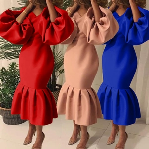 Detailed comparison of V-neck mermaid dresses with lantern sleeves in red, pink and blue