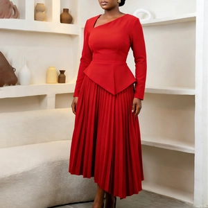 Elegant red midi dress featuring asymmetric neck and fine pleated skirt detail