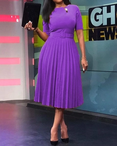 Detail of purple pleated midi dress featuring a stylish square buckle belt and short sleeves