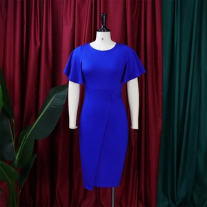 Detail of royal blue bodycon dress with ruffle sleeves and asymmetrical waist buttons