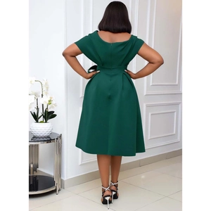 Elegant dark green A-line dress with short sleeves and matching waist belt, back view