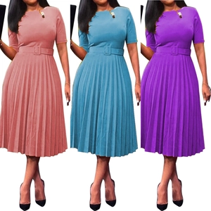 Pleated dress detail showing pink, light blue, and purple options with matching belts