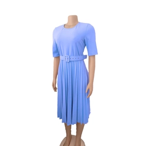 Detail of light blue short sleeve pleated midi dress with matching adjustable waist belt