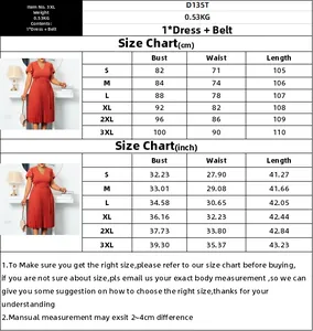Detailed size chart for V-neck pleated dress with ruffle sleeves and matching belt