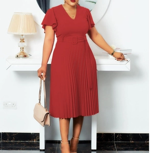 Elegant red V-neck midi dress with flutter sleeves and pleated skirt for women