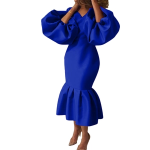 Elegant royal blue V-neck dress with puff sleeves and mermaid hem in satin finish
