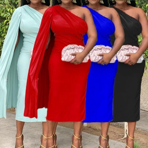 Collage of four colors showing one-shoulder midi dress with a cape and ruched detail