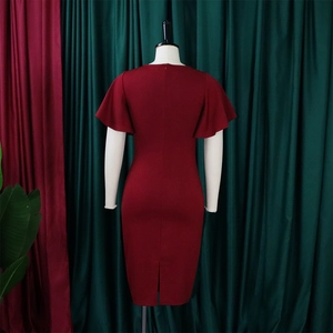 Back view of wine red pencil dress with ruffle butterfly sleeves and invisible zipper detail