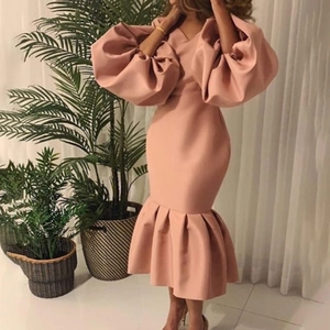 Women's Elegant V Neck Puff Long Sleeve Mermaid Dress Slim Fit Plus Size Solid Color Midi Evening Party Dress