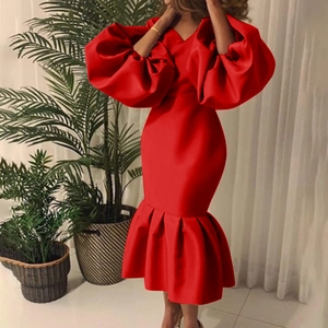 Elegant red V-neck maxi dress with puffy long sleeves and mermaid fishtail hem