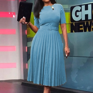 Women's Elegant Cotton Blend Short Sleeve Pleated Midi Dress With Waist Belt Solid Color Urban Style Commuter A-Line Dress