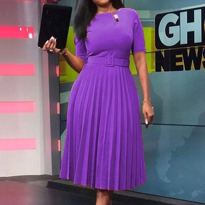 Elegant purple short sleeve pleated midi dress with high waist and matching belt