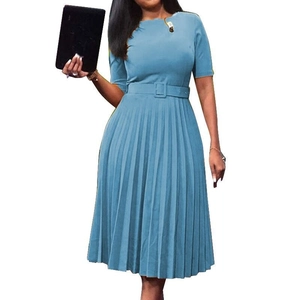 Elegant light blue pleated midi dress with short sleeves and matching square buckle belt