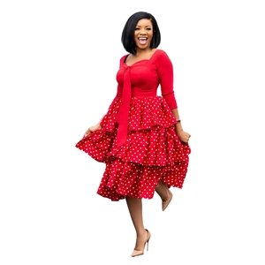 Red polka dot tiered dress with square neck and ruffle hem for a slim fit look