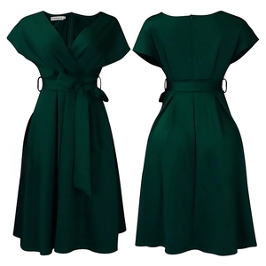Front and back views of a dark green V-neck dress with batwing sleeves and a waist bow