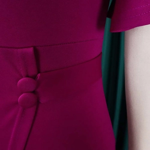 Detailed close-up of the dress waistline featuring fabric buttons and matching belt