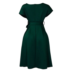 Detail view of the back of a dark green V-neck dress with a matching belt and A-line hem