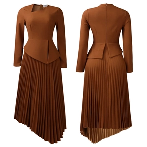 Front and back view of an asymmetric neck peplum midi dress in rich caramel brown color