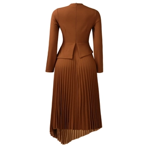 Detailed back view of a dark brown midi dress with invisible zipper and pleated asymmetric hem