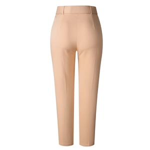 Rear view of beige high-waisted trousers featuring a tailored fit and central seams