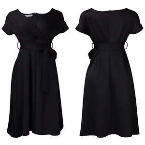 Front and back view of black deep V-neck wrap dress with adjustable waist belt and A-line hem