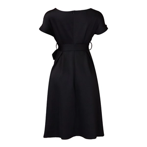 Back view of a black short-sleeved A-line dress featuring a zipper and waist belt