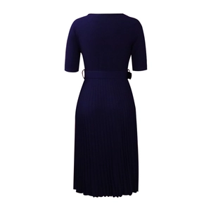 Rear view of a dark blue short sleeve pleated dress featuring a matching waist belt detail
