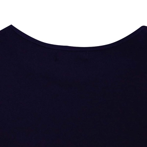 Detail of the crew neck collar and high-quality stitching on a navy blue dress