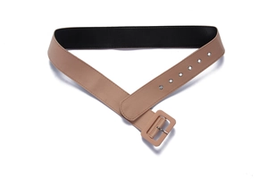 Detailed view of camel leather wide waist belt with matching rectangular buckle and silver eyelets