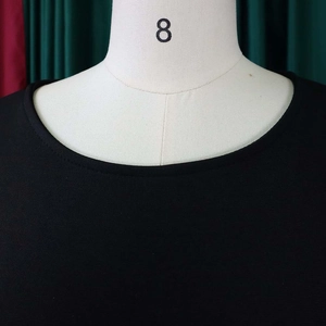 Close-up of the round neckline and fine knit texture on a black business dress