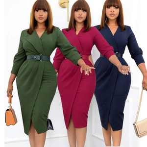 Deep green, wine red, and navy V-neck long-sleeve dresses with belted waist and layered skirts
