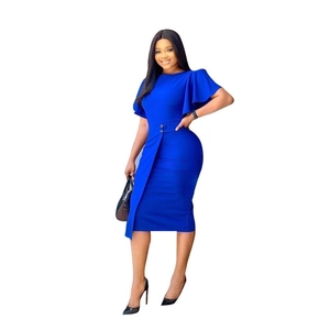 Detail of navy blue slim fit dress featuring ruffle sleeves and side button wrap waist