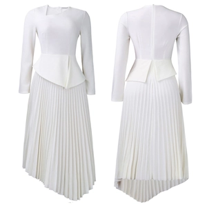 Detail of elegant white long-sleeve dress with asymmetrical neckline and pleated hemline