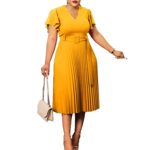 Elegant mustard yellow V-neck pleated dress with ruffle sleeves and square buckle belt