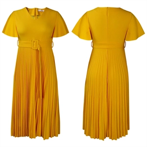 Front and back view of yellow V-neck pleated midi dress with ruffled sleeves and belt