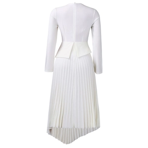 Back view of elegant white long sleeve dress with peplum waist and pleated asymmetric hem