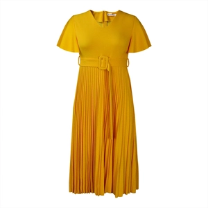 Detail of the V-neck pleated ginger yellow midi dress with elegant ruffle sleeves