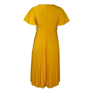 Detail view of mustard yellow midi dress back with pleated skirt and zip closure