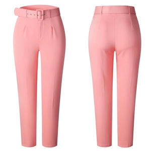 Front and back view of pink high-waisted slim-fit dress pants with matching belt
