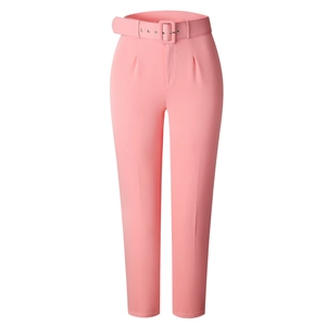 Detail of high waisted pink trousers featuring a matching belt and pleated waist design