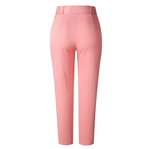 Detail of pink high-waisted trousers featuring professional back tailoring and leg crease