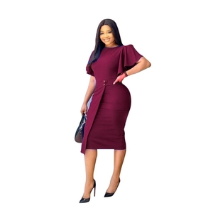 Detail of elegant burgundy slim fit dress with ruffle sleeves and decorative waist buttons