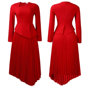 Detailed front and back view of red peplum dress with pleated asymmetric hem and long sleeves