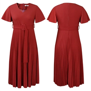 Detailed front and back view of a red V-neck pleated maxi dress with matching belt