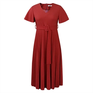 Detail of dark red V-neck pleated dress with ruffle sleeves and waist belt buckle