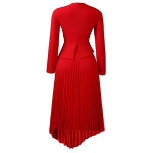 Rear view of red long sleeve dress with waist tail detail and pleated high-low hemline