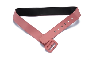 Detail of dusty rose wide waist belt with square buckle and silver metal eyelets