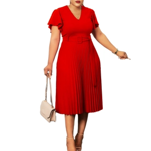 Detail of red V-neck pleated midi dress featuring ruffle sleeves and matching buckled belt